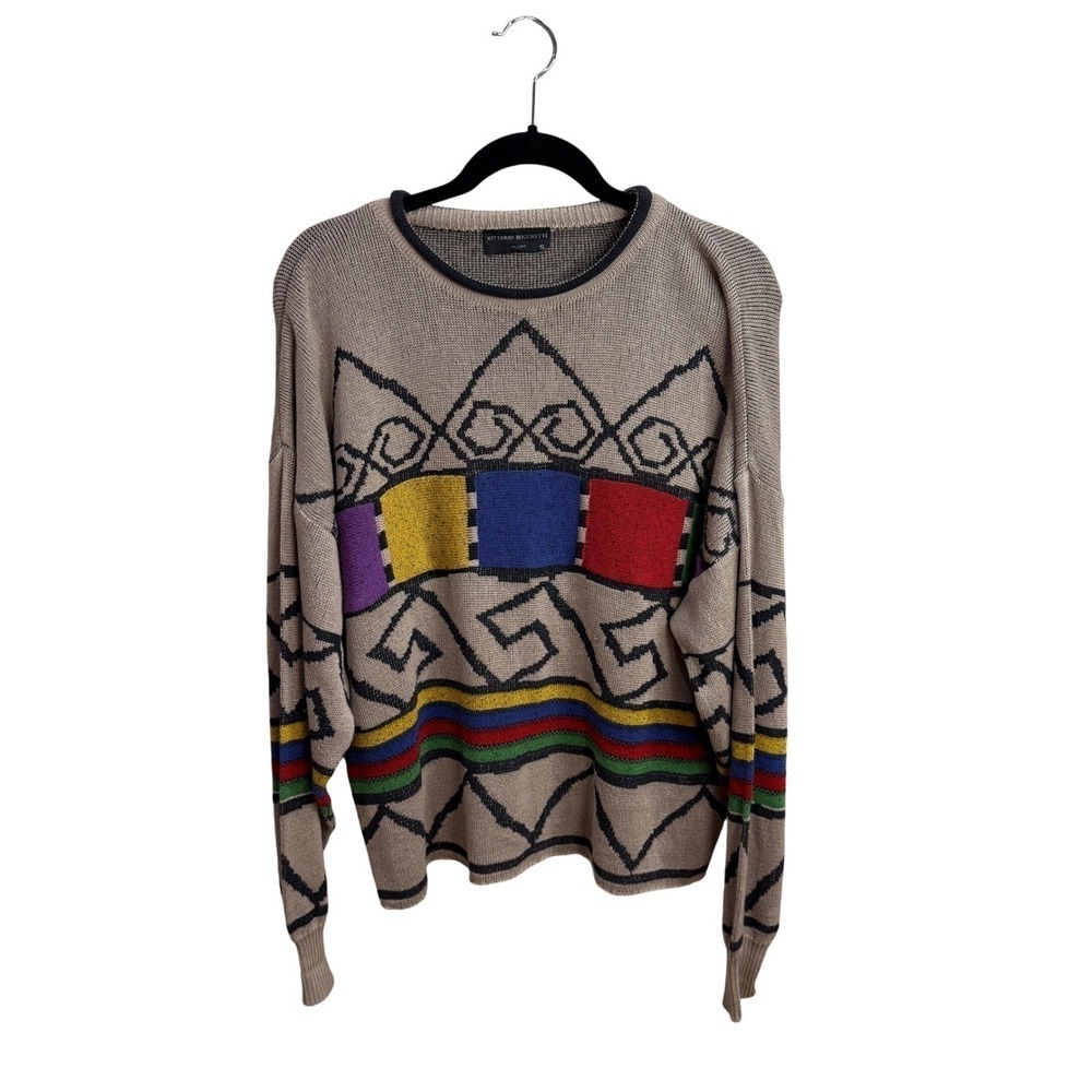 VITTORIO ROCCHETTI Mens Sz S Geometric Color Block Sweater 80s Cosby Style VTG